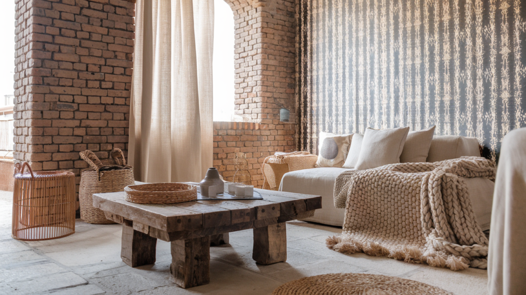 A photo of a living room with exposed brick walls, a reclaimed wood coffee table, woven textiles, and patterned wallpaper. There's linen curtains, and a chunky knit throw, 